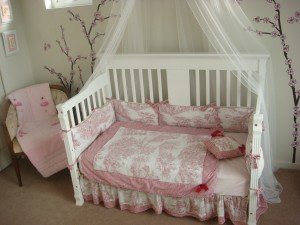 Glamorous-toile-bedding-in-Kids-Eclectic-with-Baby-Cot-next-to-Cherry-Blossom-Wallpaper-alongside-Daybed-Bedding-andMosquito-Net-